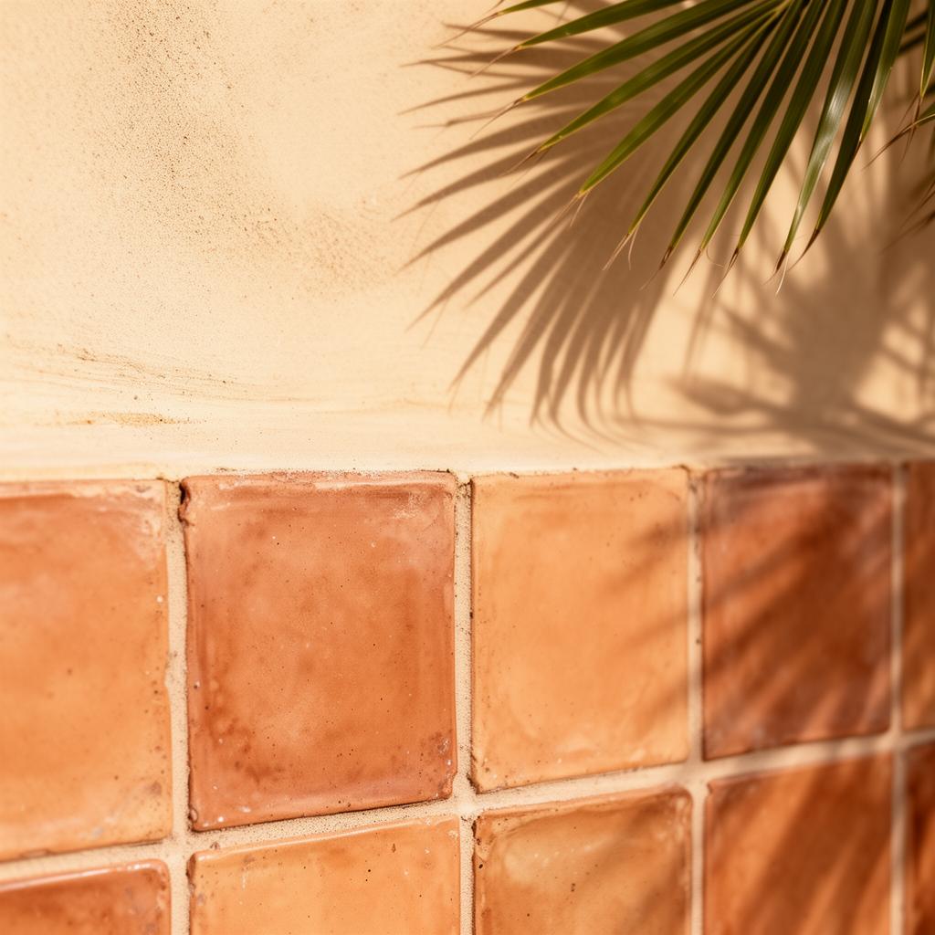Terracotta tile detail with palm shadow