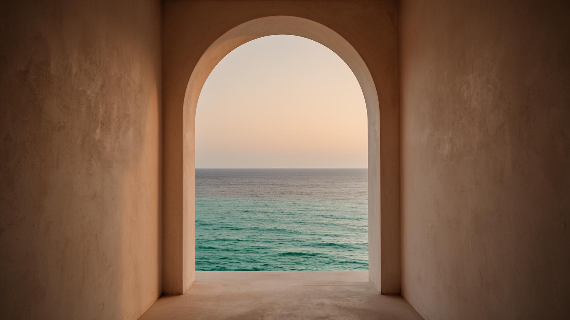 Limestone archway opening to the Mediterranean sea at dusk